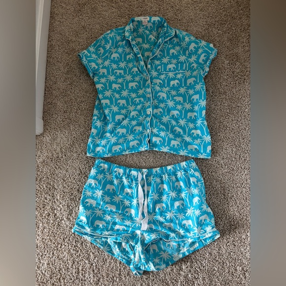 J. Crew Blue Elephant and Palm Print PJ Set - Picture 1 of 6
